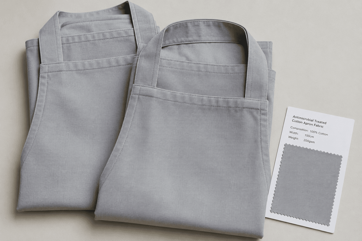 Folded light-toned antimicrobial-treated aprons with a fabric swatch card