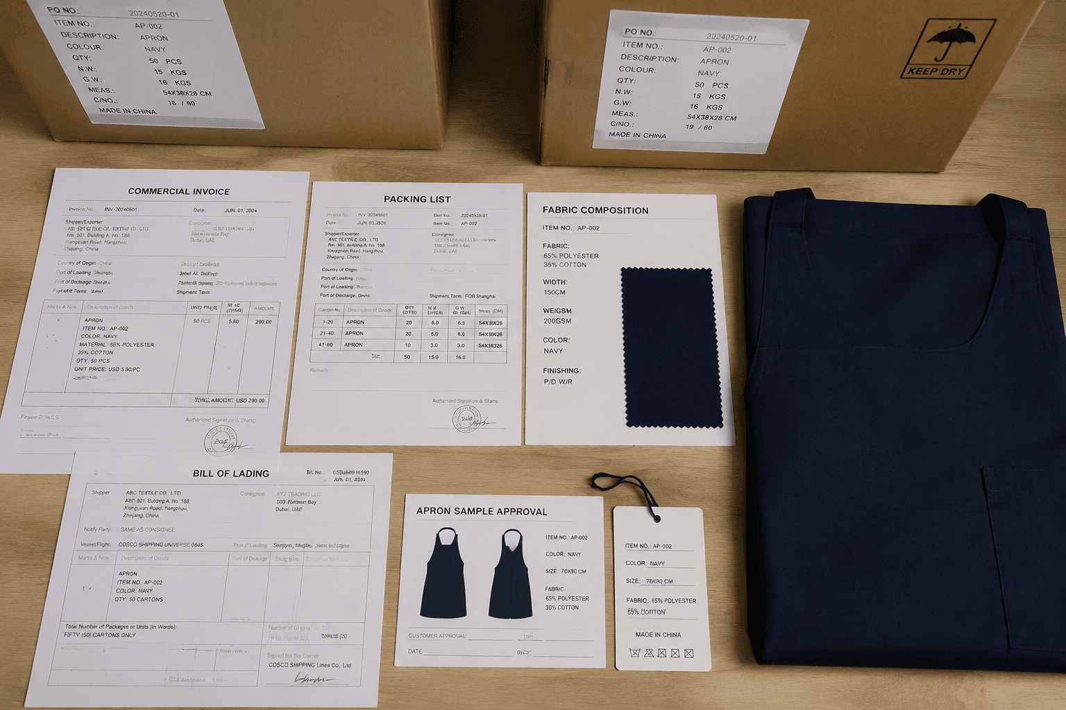 apron shipment documents beside carton labels and fabric composition cards