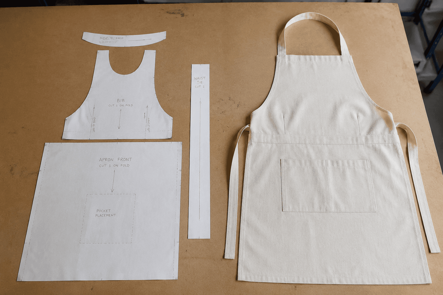 paper apron pattern pieces showing bib darts beside a sewn sample on a cutting table