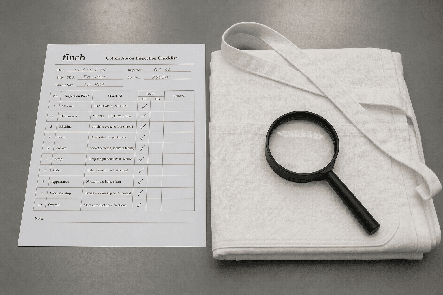 An inspector's checklist over a folded apron with a magnifier