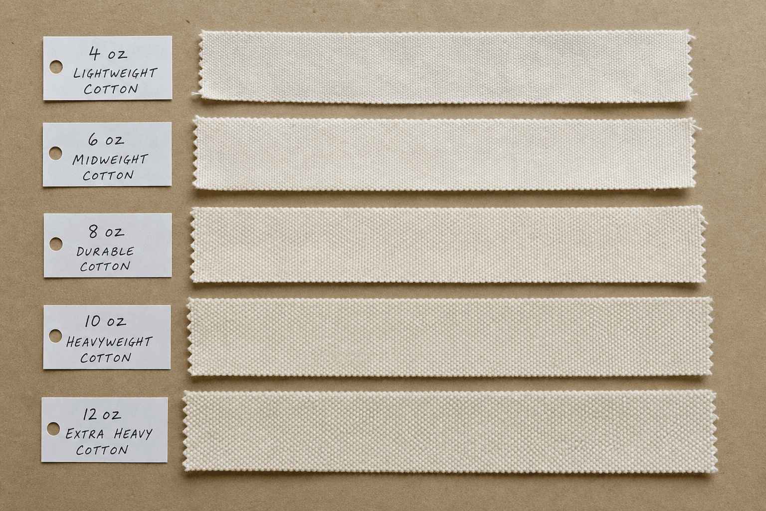 Graded fabric swatches arranged from light to heavy on a reference board