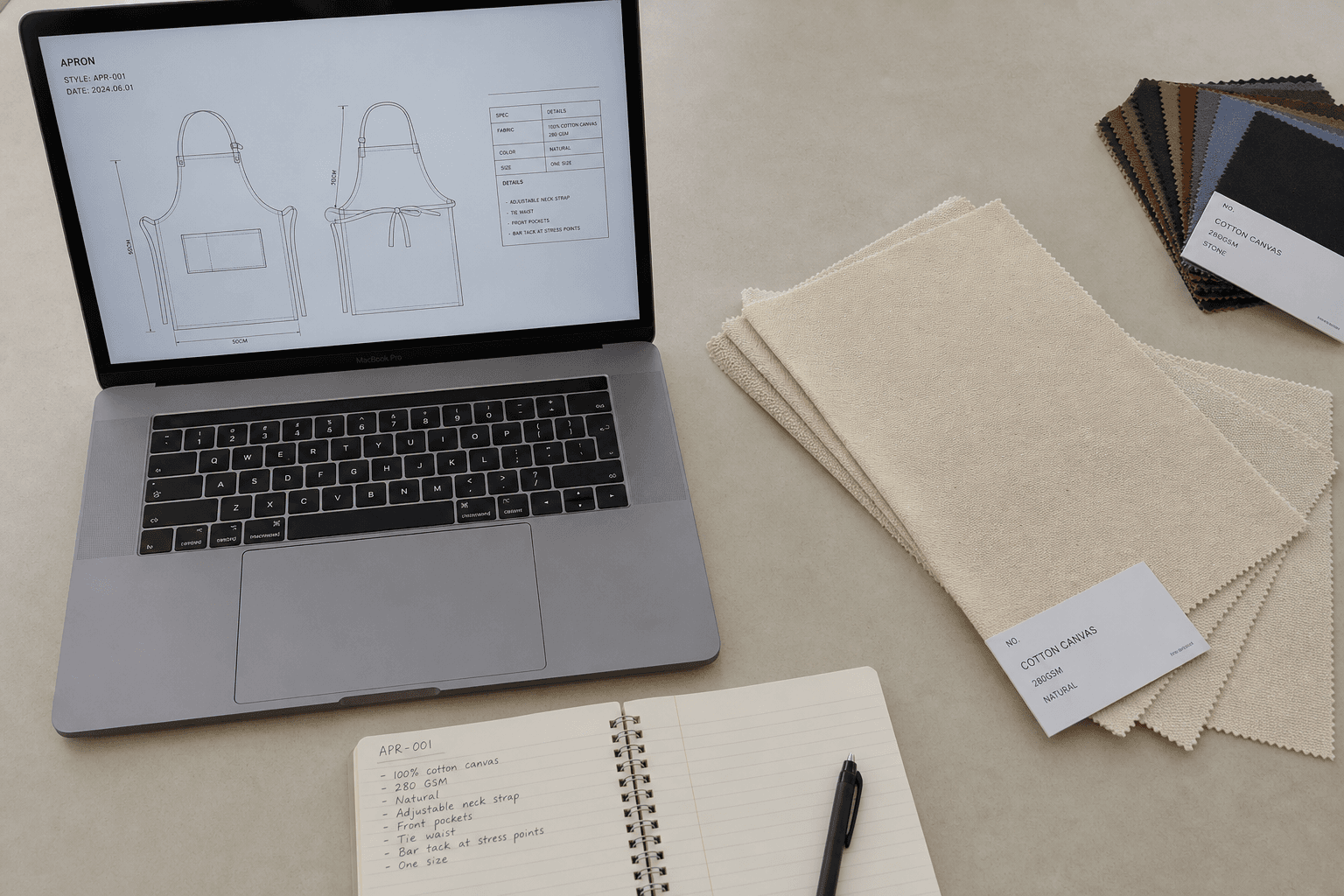 A laptop showing an apron tech pack beside fabric swatches