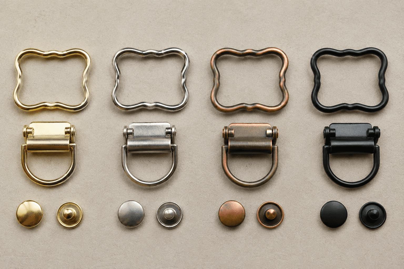 A row of apron buckles and rivets in brass, nickel, copper and black finishes
