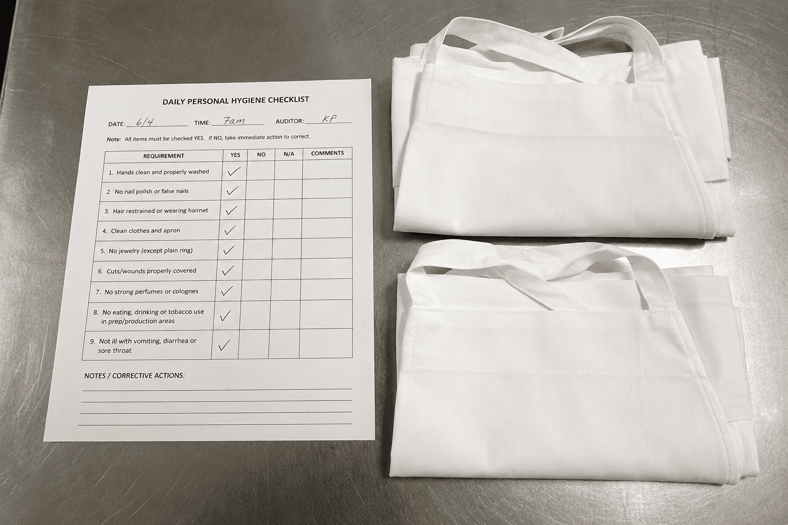 Clean white food-service aprons folded beside a hygiene checklist
