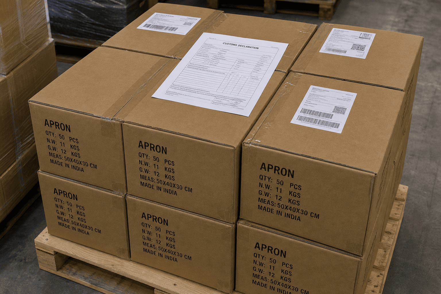 Export cartons of aprons with a customs declaration document