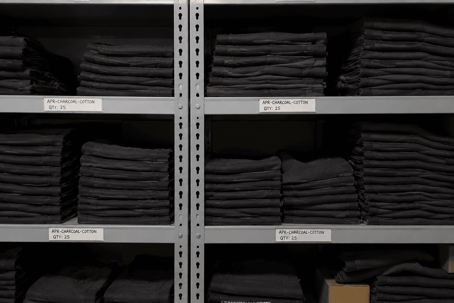 Neatly stacked identical aprons on labeled warehouse shelving