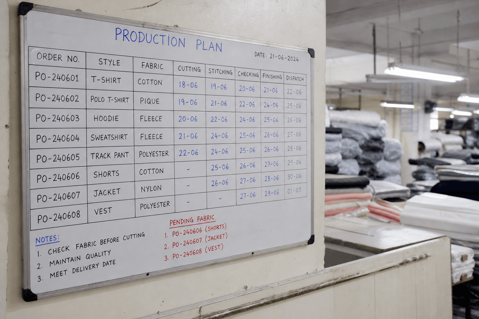 A production planning board tracking apron order stages on a factory wall