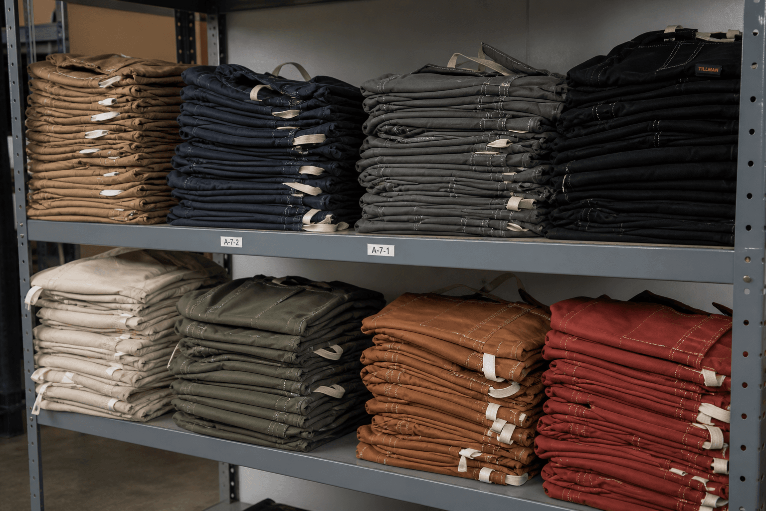 Stacks of folded aprons on a factory shelf representing a production minimum