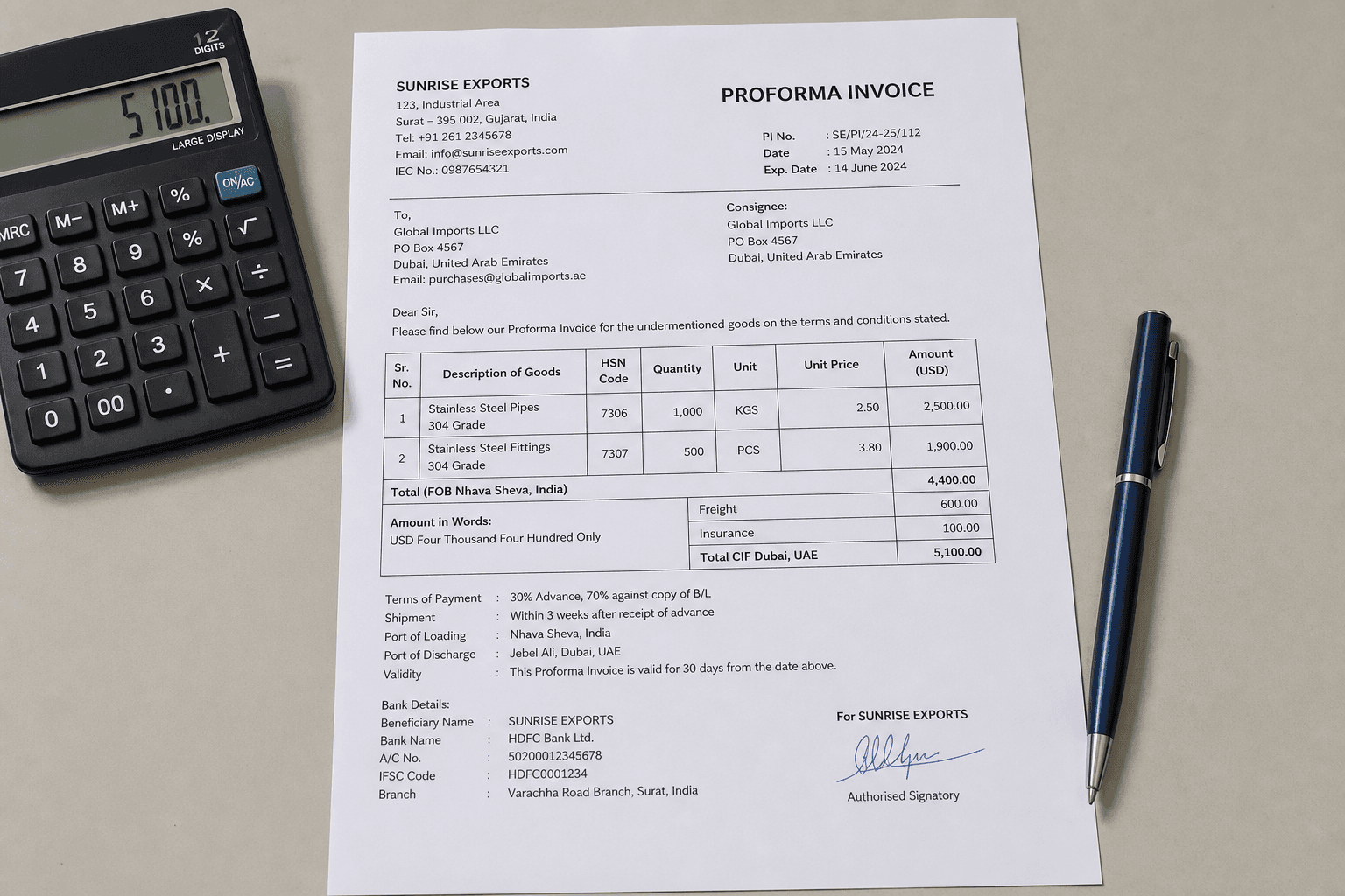 A proforma invoice and calculator on a sourcing desk