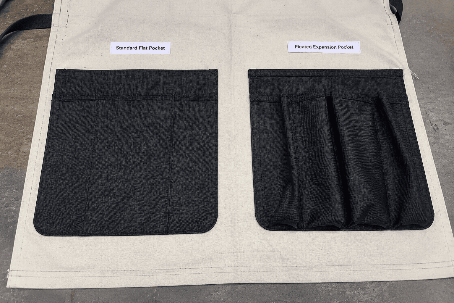 utility apron samples showing flat pocket and pleated expansion pocket construction
