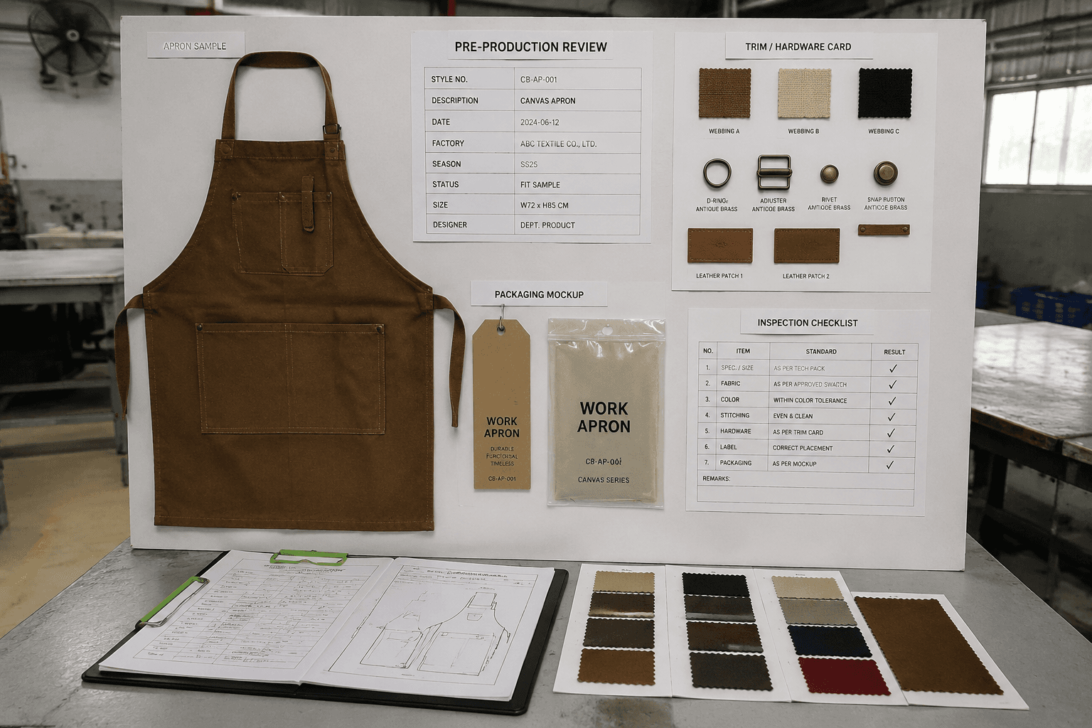 pre-production review board with apron sample, trim cards and packaging mockup