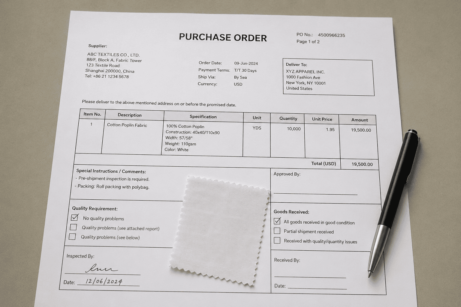 A printed purchase order document with a pen and fabric swatch