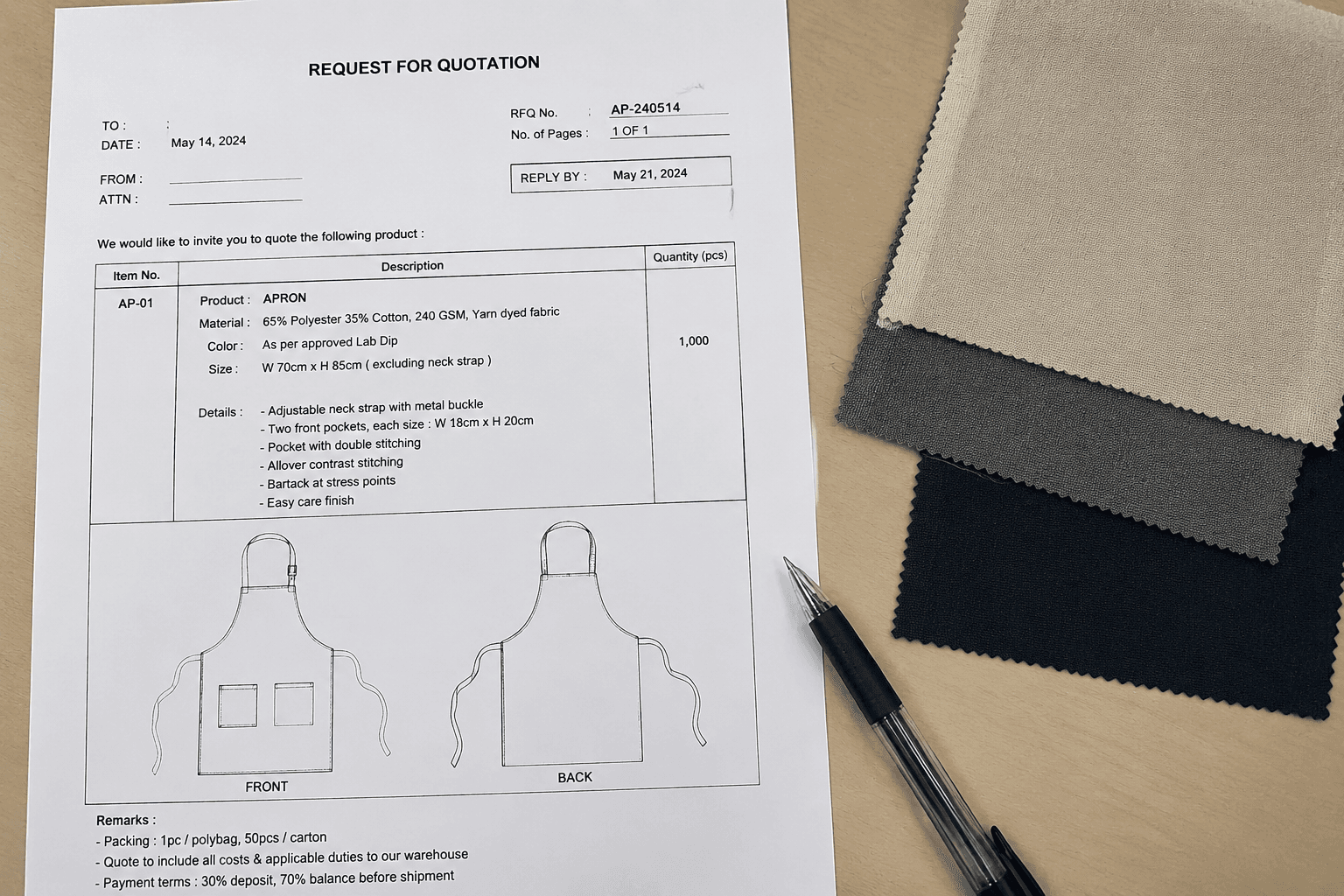 A printed RFQ document with apron specifications and swatches