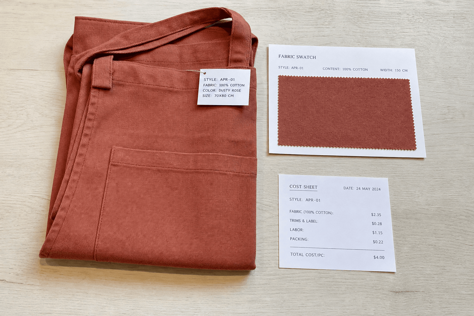 A single apron sample with a swatch card and cost note on a desk