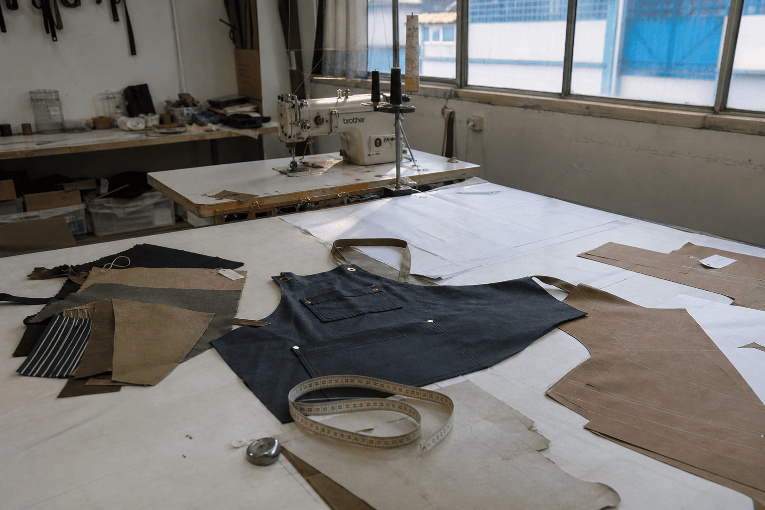 An apron sample room with pattern paper, fabric swatches and a sewing machine