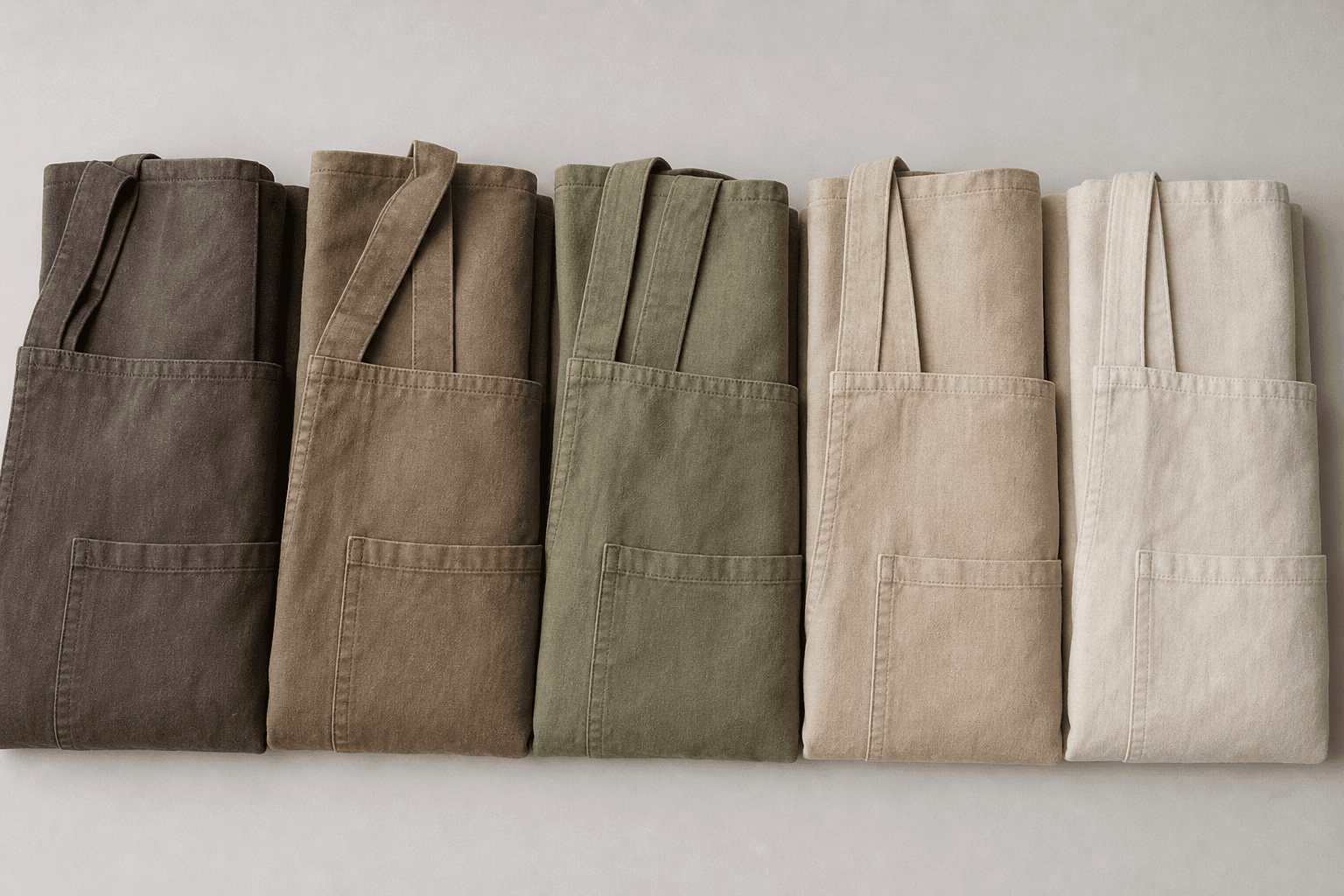 Garment-washed aprons in graded shades drying on a rack