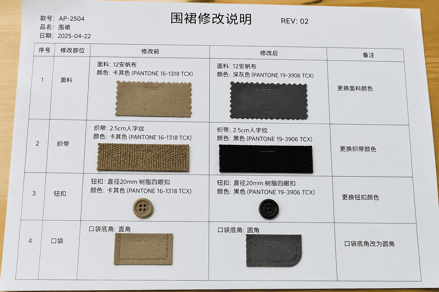marked apron spec revision sheet with fabric and trim samples attached