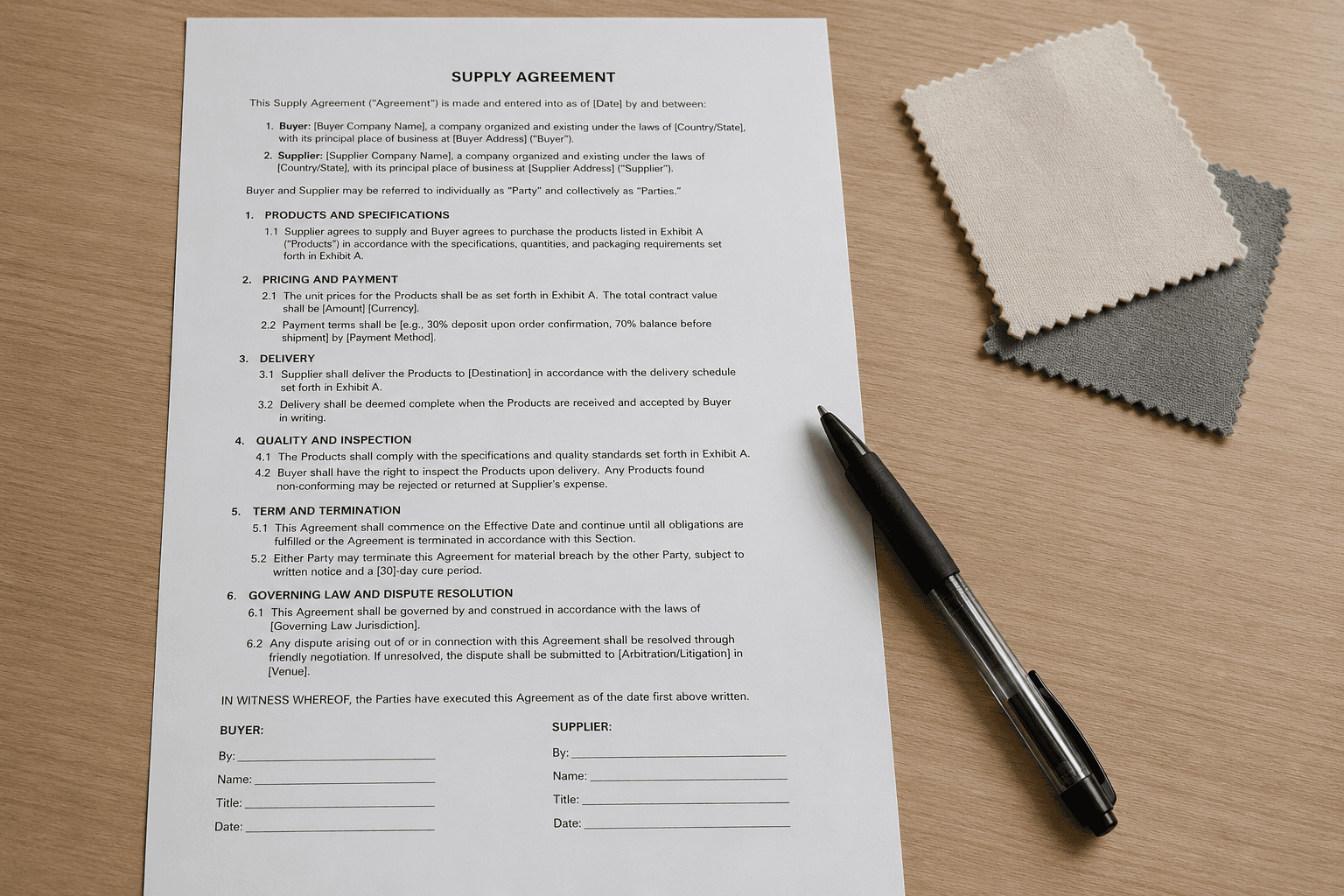 A signed supply contract and pen beside fabric swatches on a desk