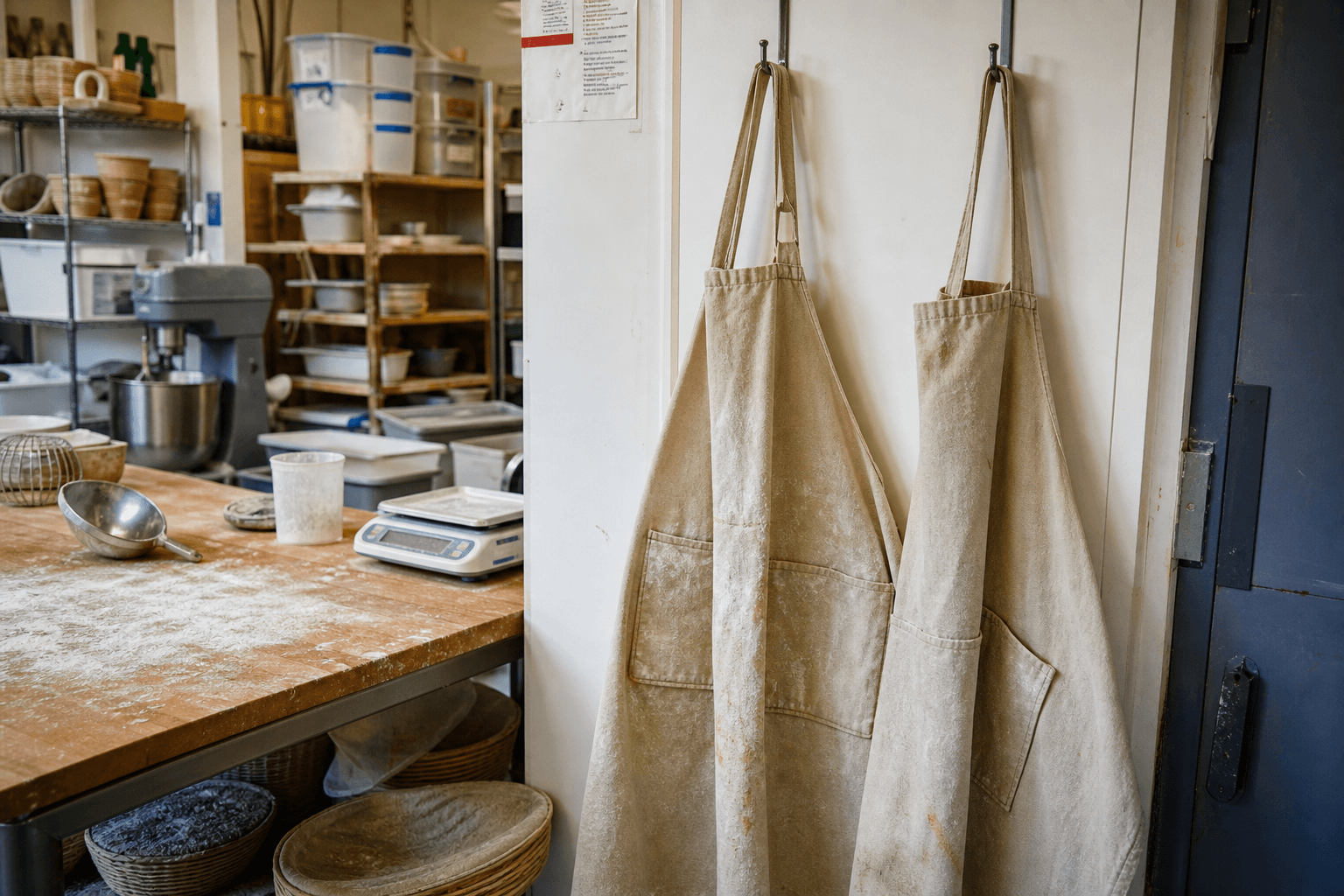 White and natural bib aprons hanging in a bakery kitchen