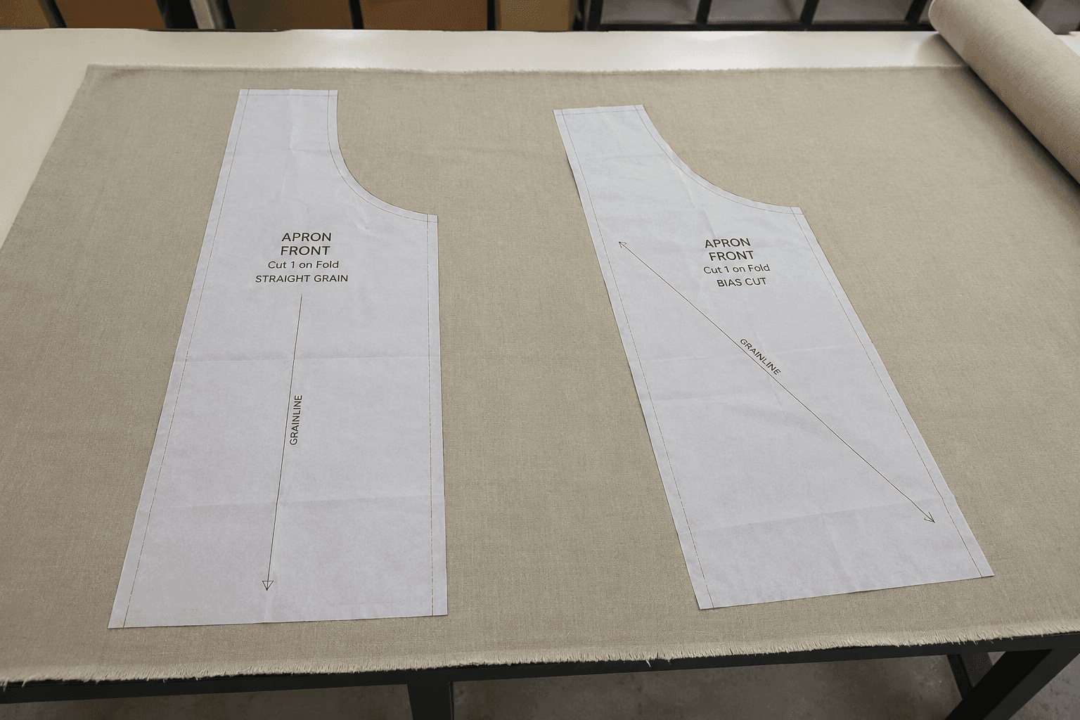 apron fabric marker showing straight-grain and bias-cut pattern placement