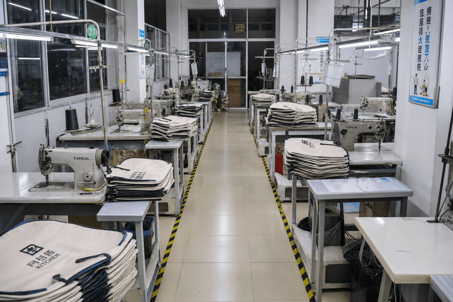 An apron factory sewing floor with organized workstations