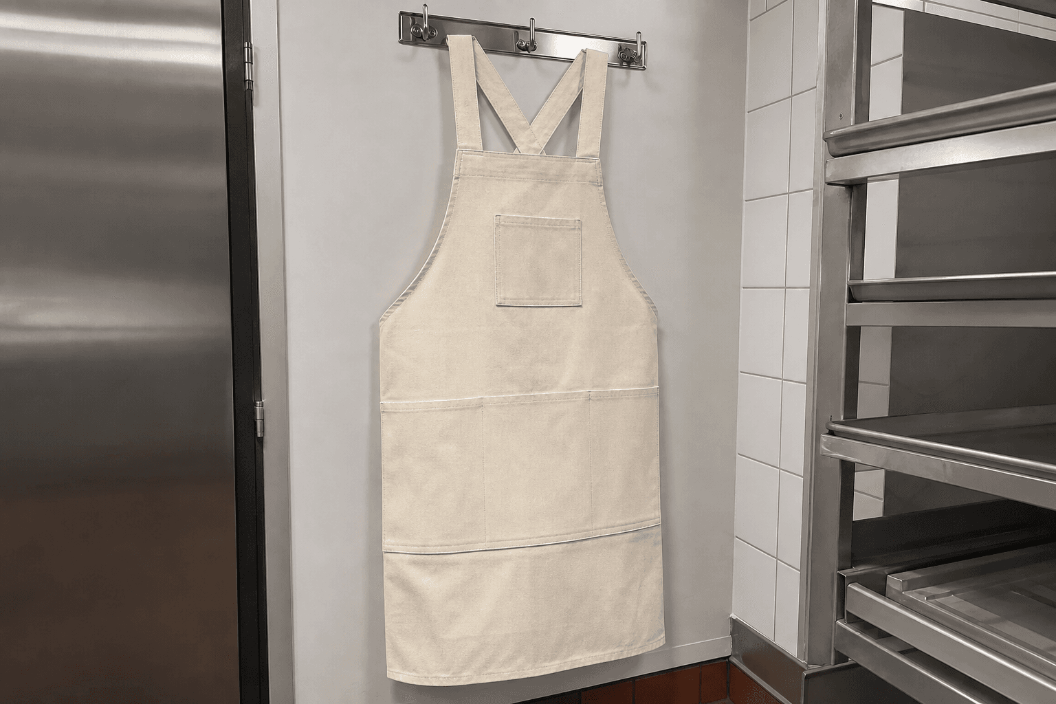 A heavy cotton butcher apron with crossback straps on a steel hook