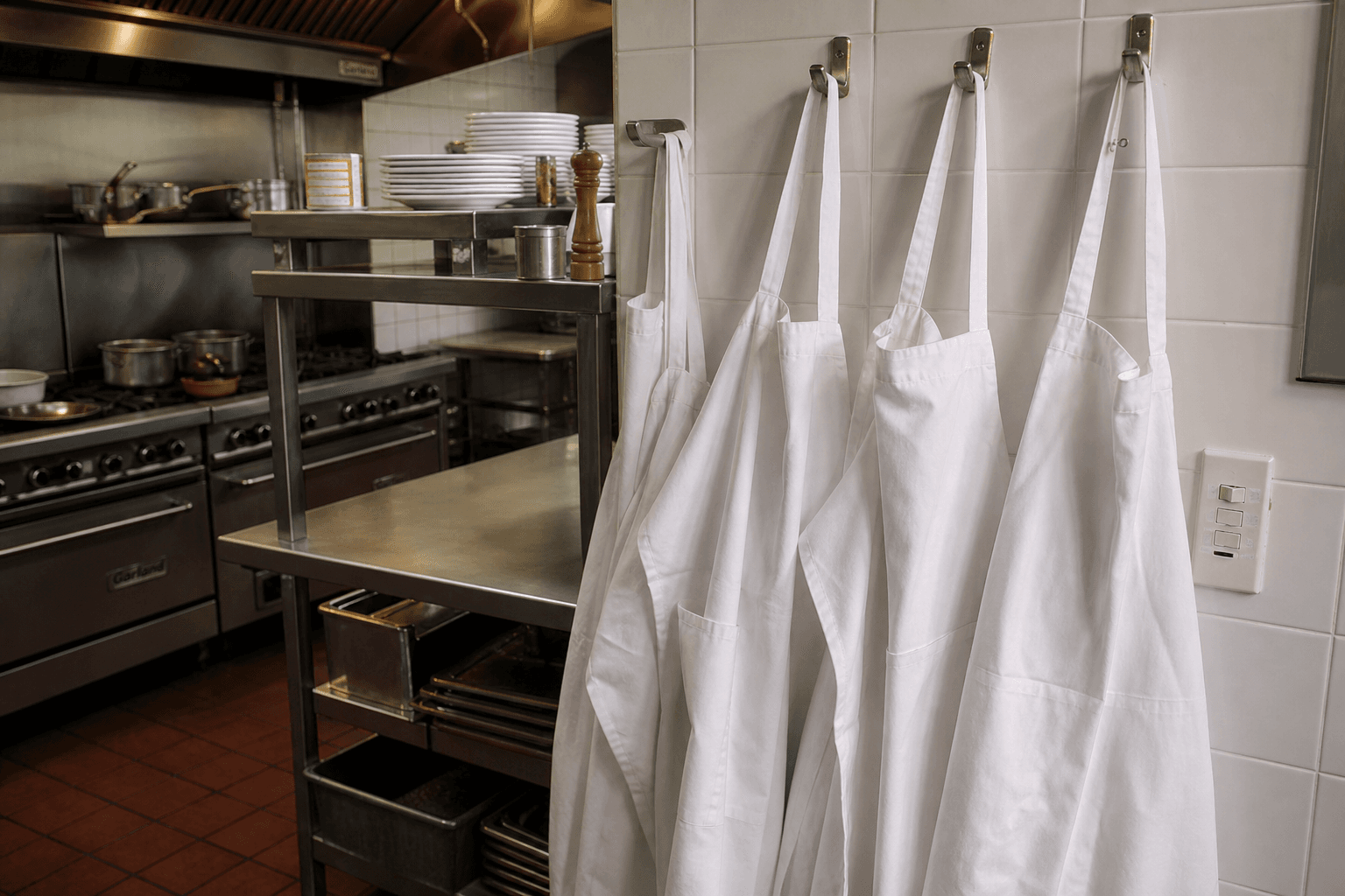 White chef bib aprons hanging in a row in a hotel restaurant kitchen