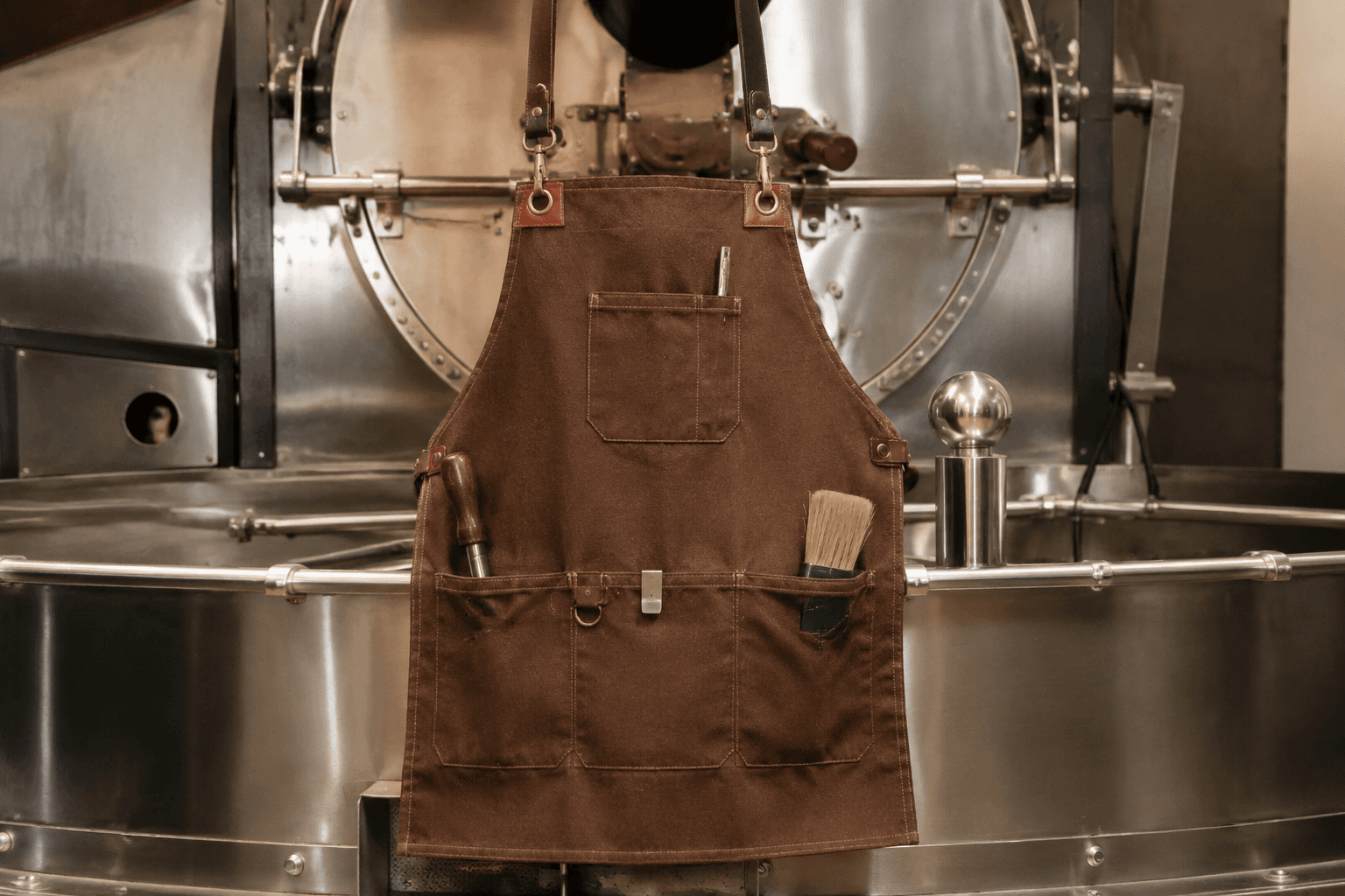 A heavy canvas roastery apron hanging beside a coffee roasting drum