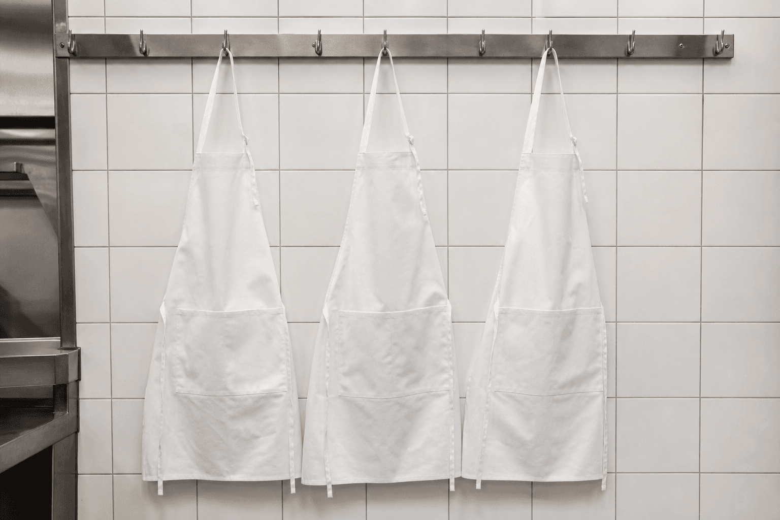 White cotton-poly twill chef aprons hanging in a row in a commercial kitchen