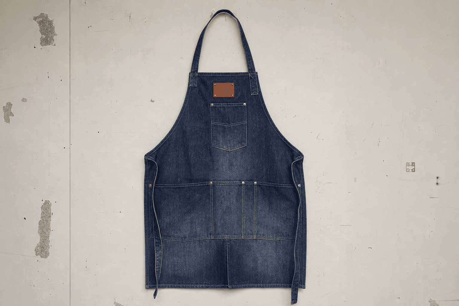 A faded indigo denim apron with leather patch hanging on a workshop wall