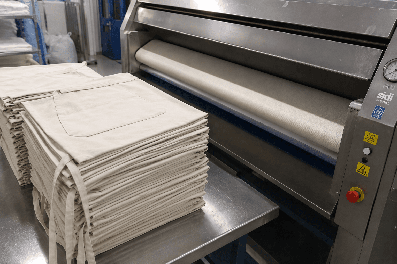 Pressed aprons folded neatly beside a steam press in a laundry