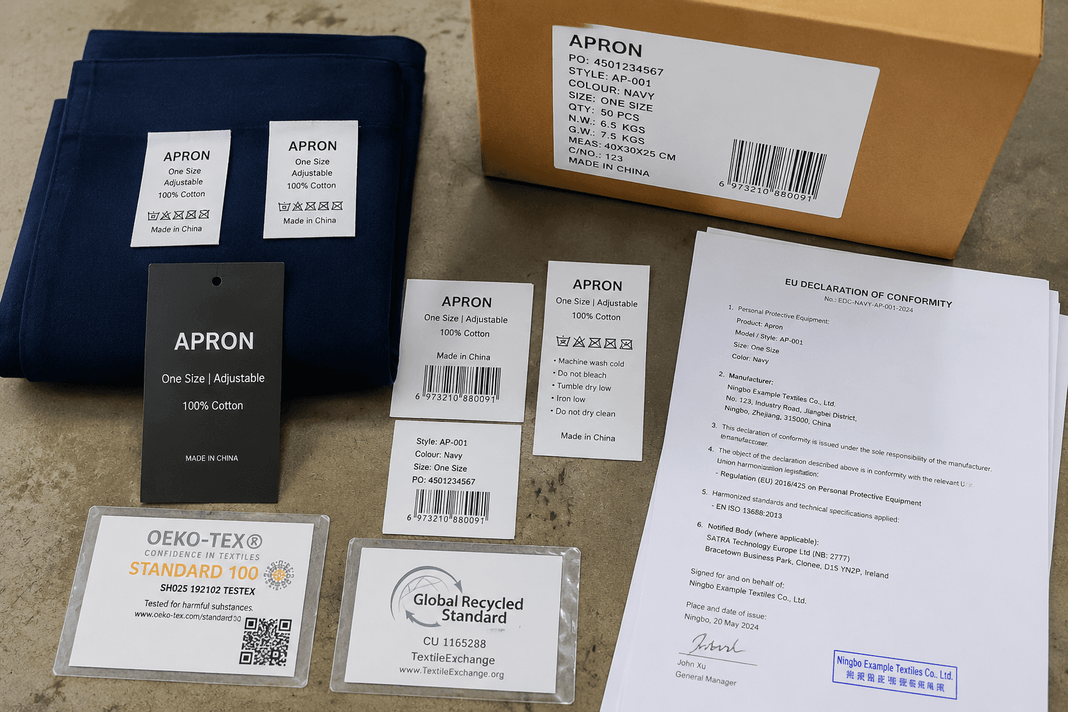 retail apron label samples with EU traceability documents on a factory desk