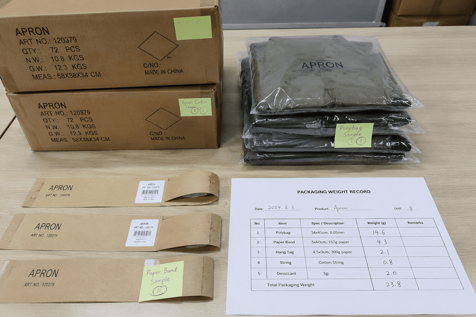 apron cartons, polybag samples and packaging weight records on a factory desk