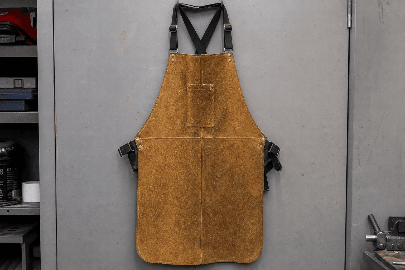 A heavy leather welding apron hanging on a workshop wall