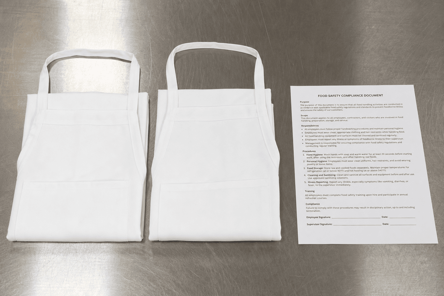 White food-safe aprons folded beside a compliance document