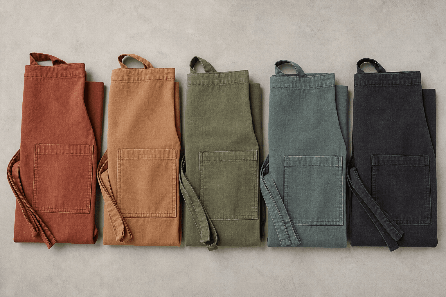 Garment-dyed aprons in graded tones showing natural color variation