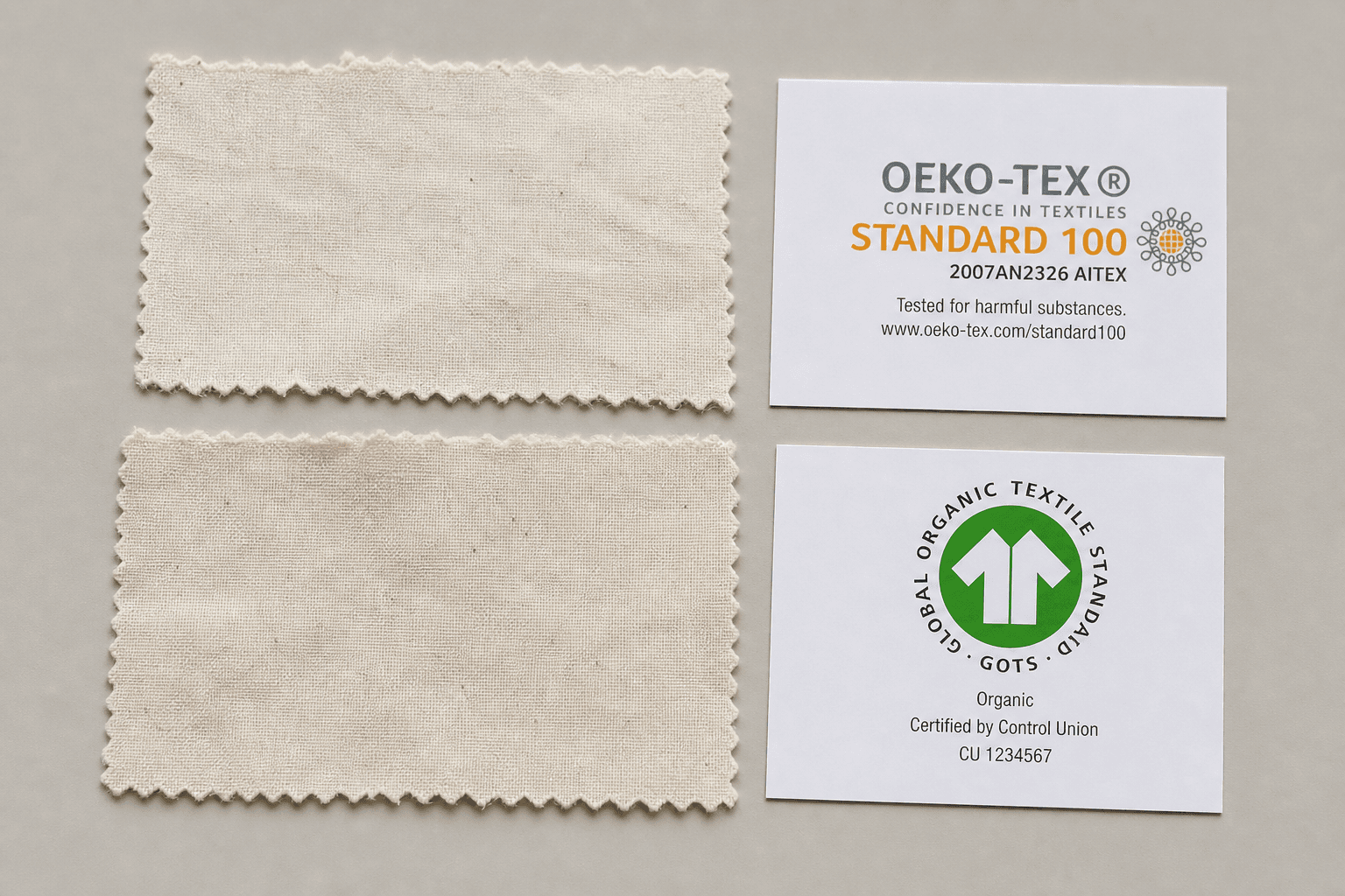 Two certified fabric swatches with GOTS and GRS reference cards