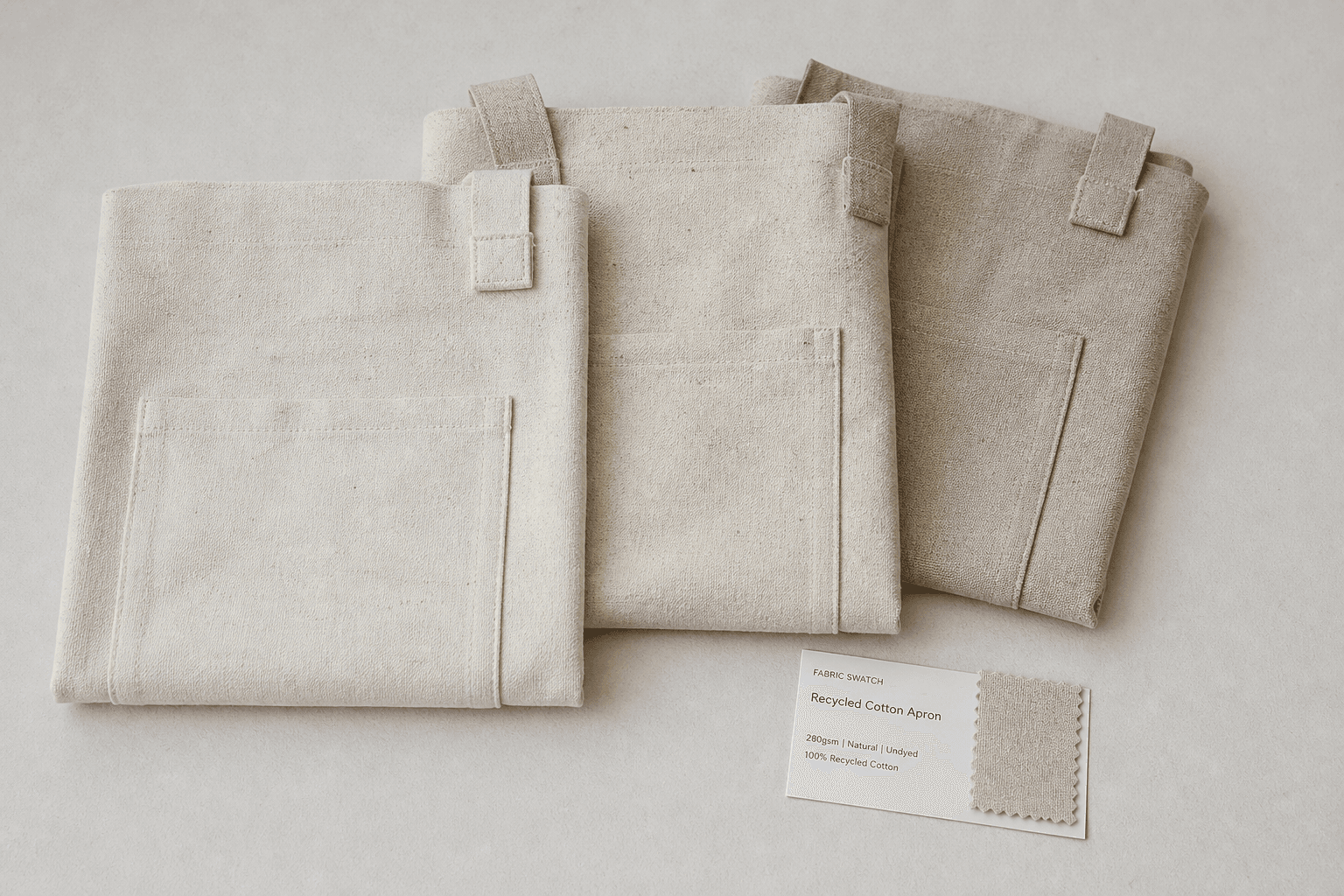 Folded recycled cotton aprons in undyed natural tones with a GRS swatch card