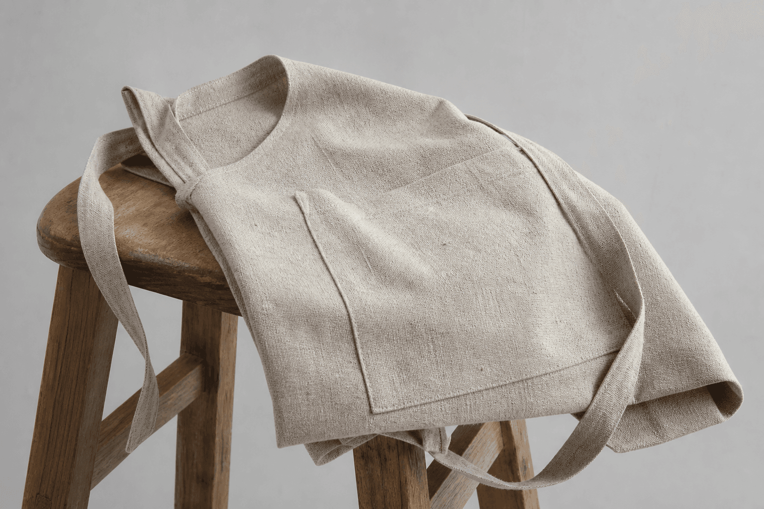 A natural hemp-blend apron draped over a wooden stool