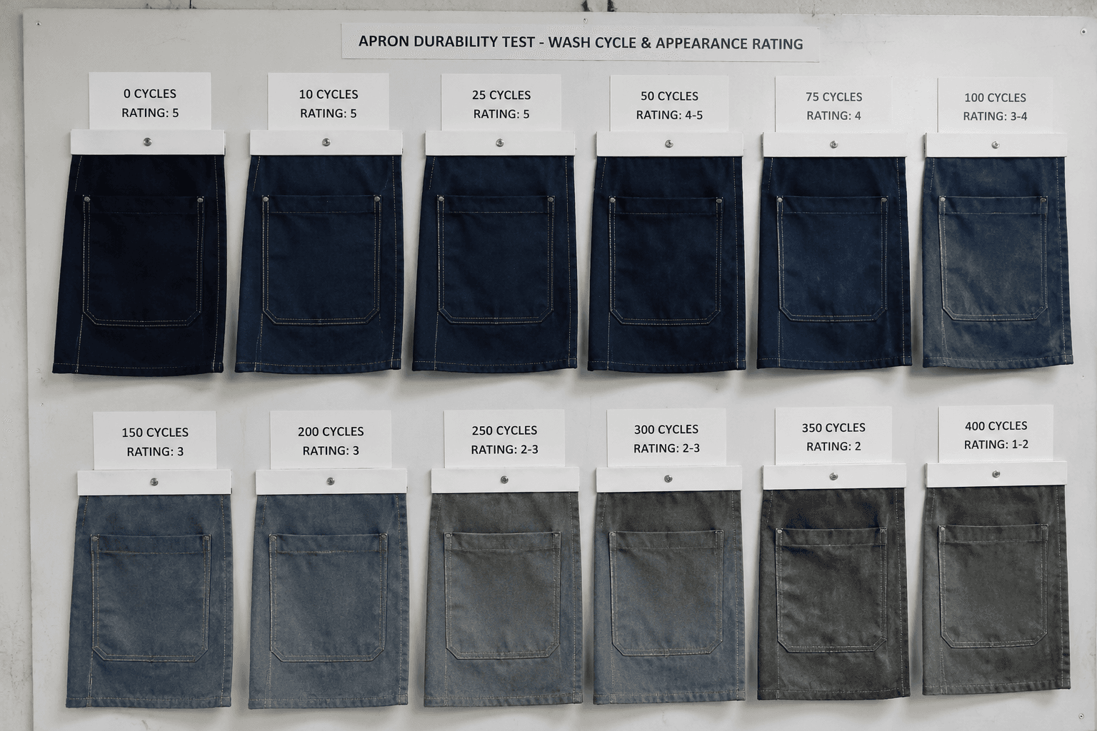 apron durability test board with wash-cycle count tags attached to multiple fabric samples