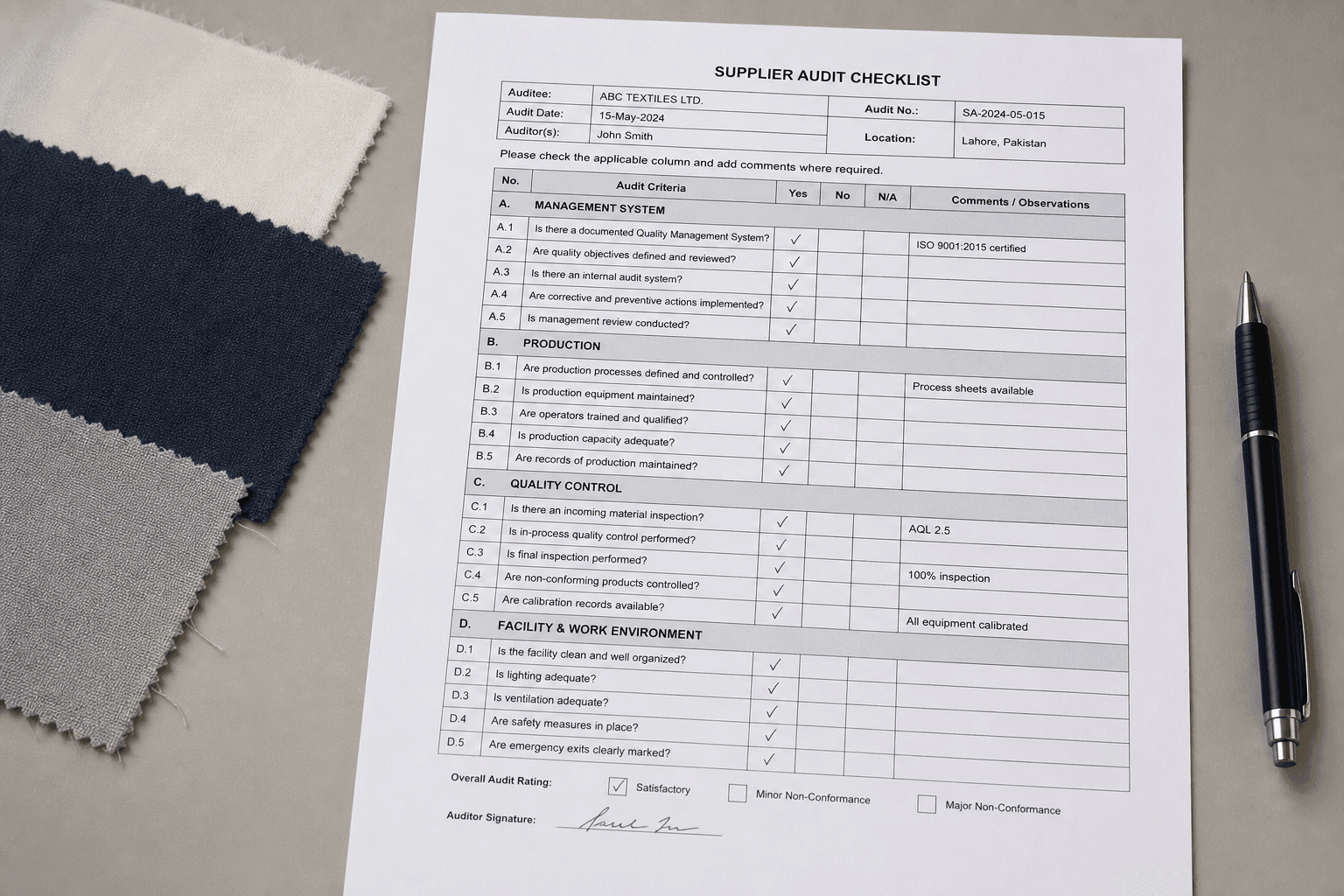 A factory audit checklist and fabric samples on an office desk