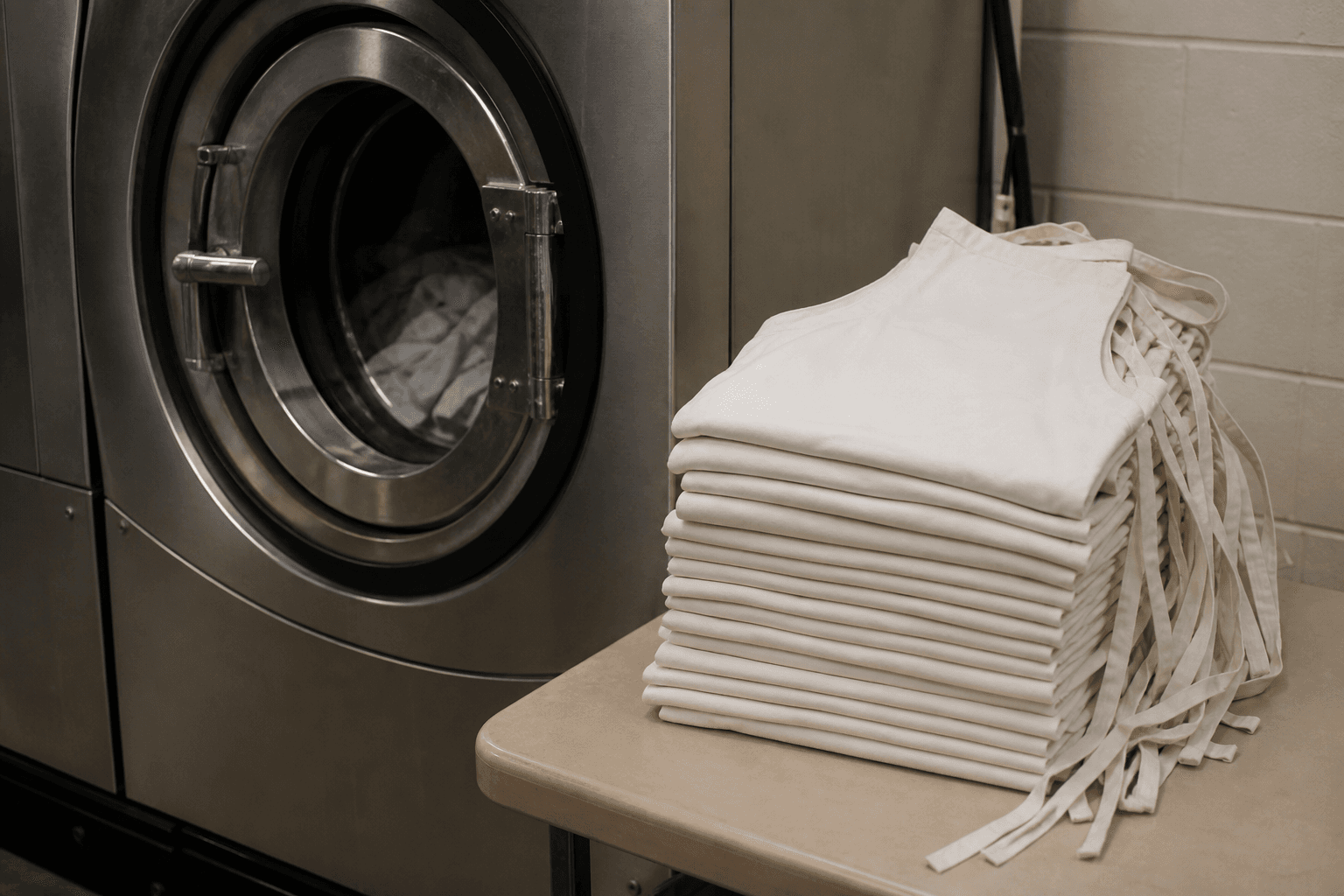 Clean folded aprons stacked beside a commercial washing machine