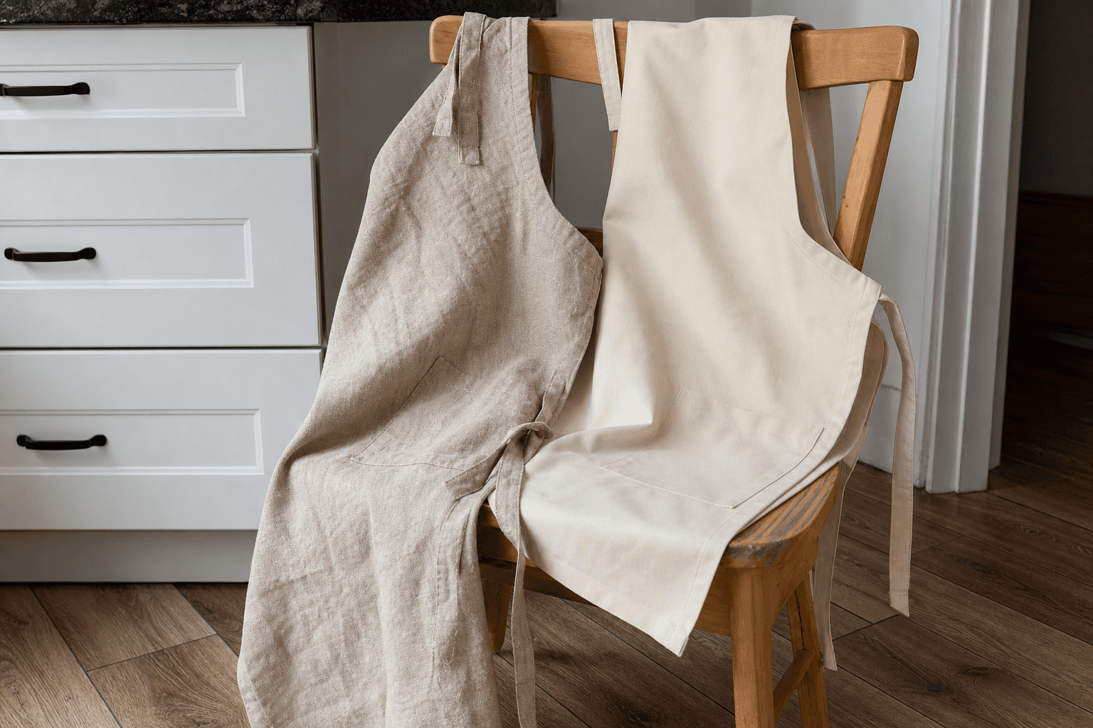 A natural linen apron draped beside a cotton apron on a wooden chair