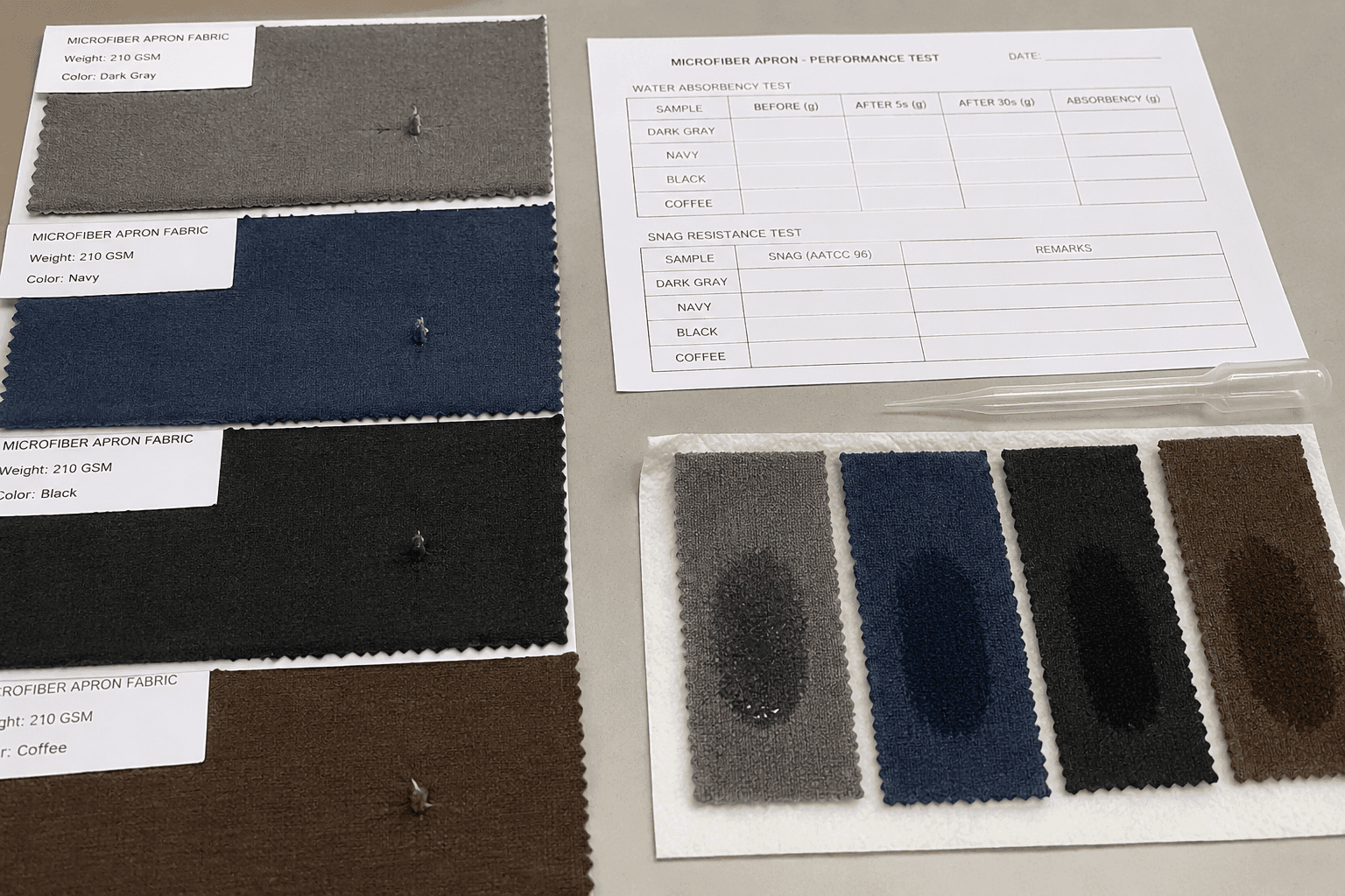 microfiber apron fabric swatches with snag and absorbency test samples on a lab table