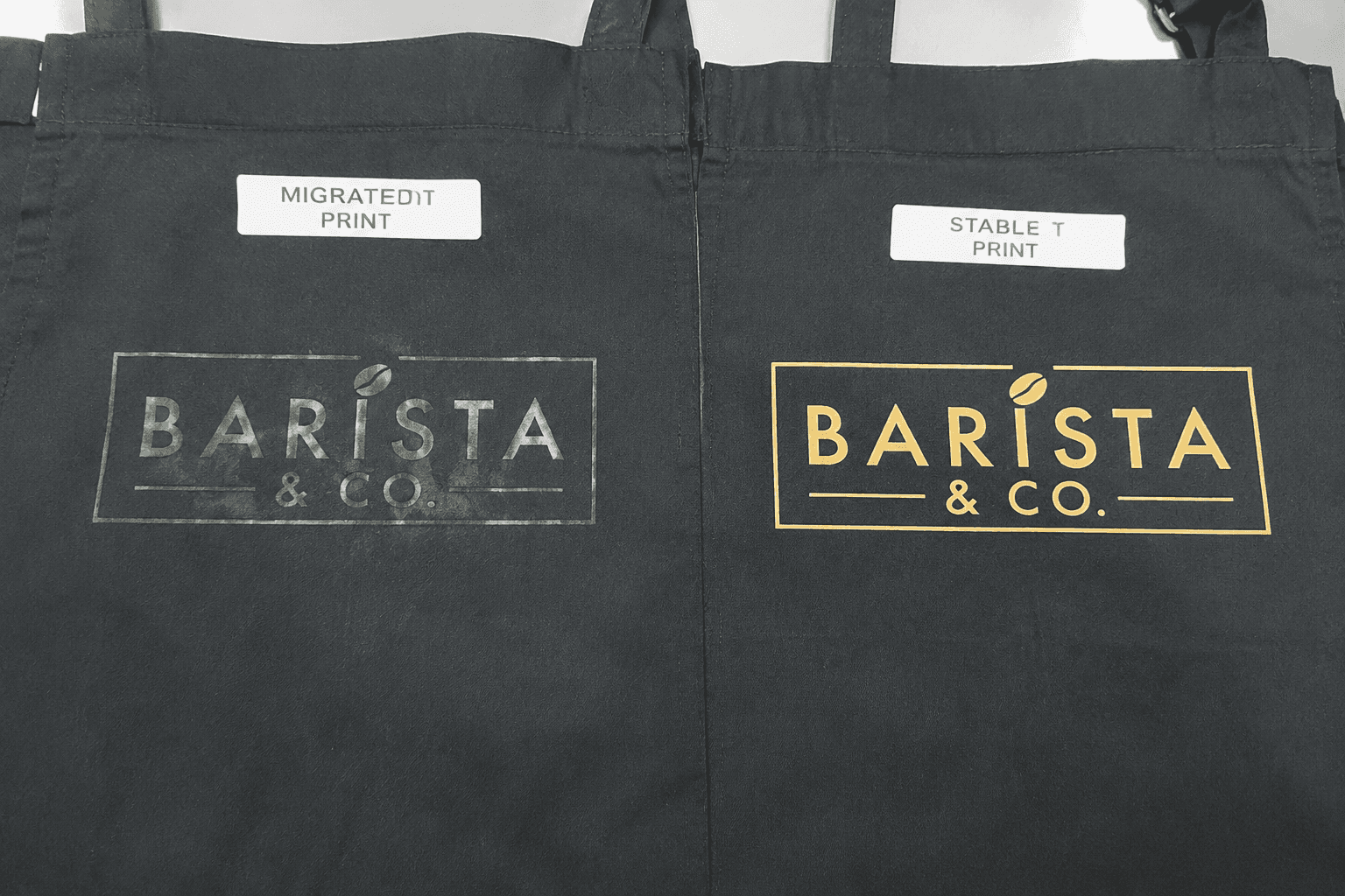 dark apron logo test panels showing migrated and stable print results side by side