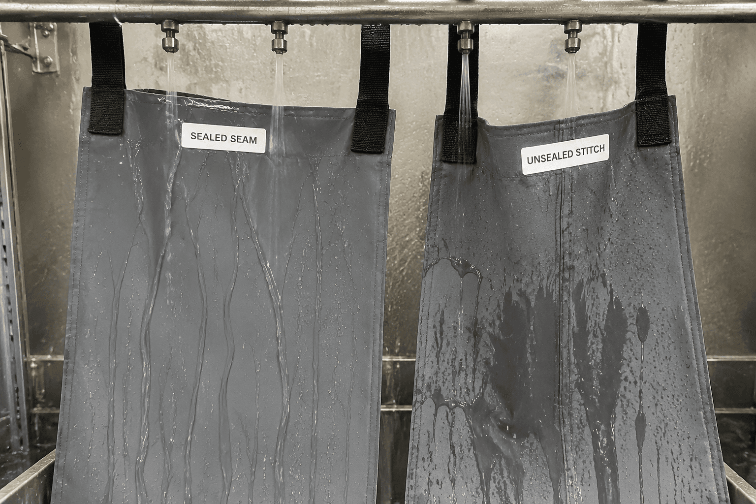 waterproof apron seam samples under splash testing with sealed and unsealed constructions