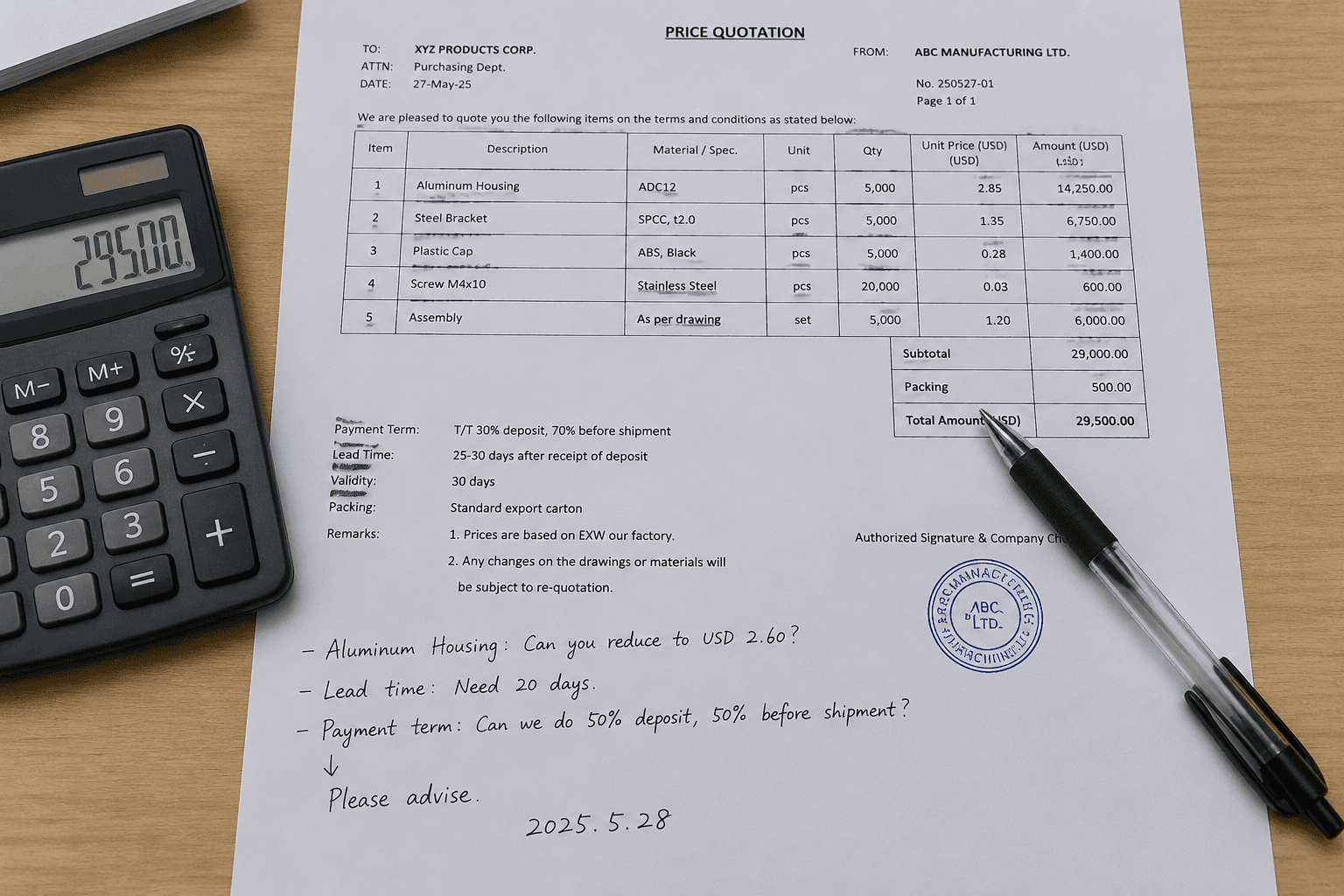 A quotation sheet with a calculator and pen on a sourcing desk