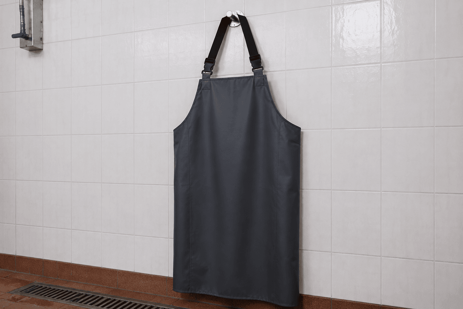 A dark coated waterproof work apron hanging on a metal hook in a wet-work area