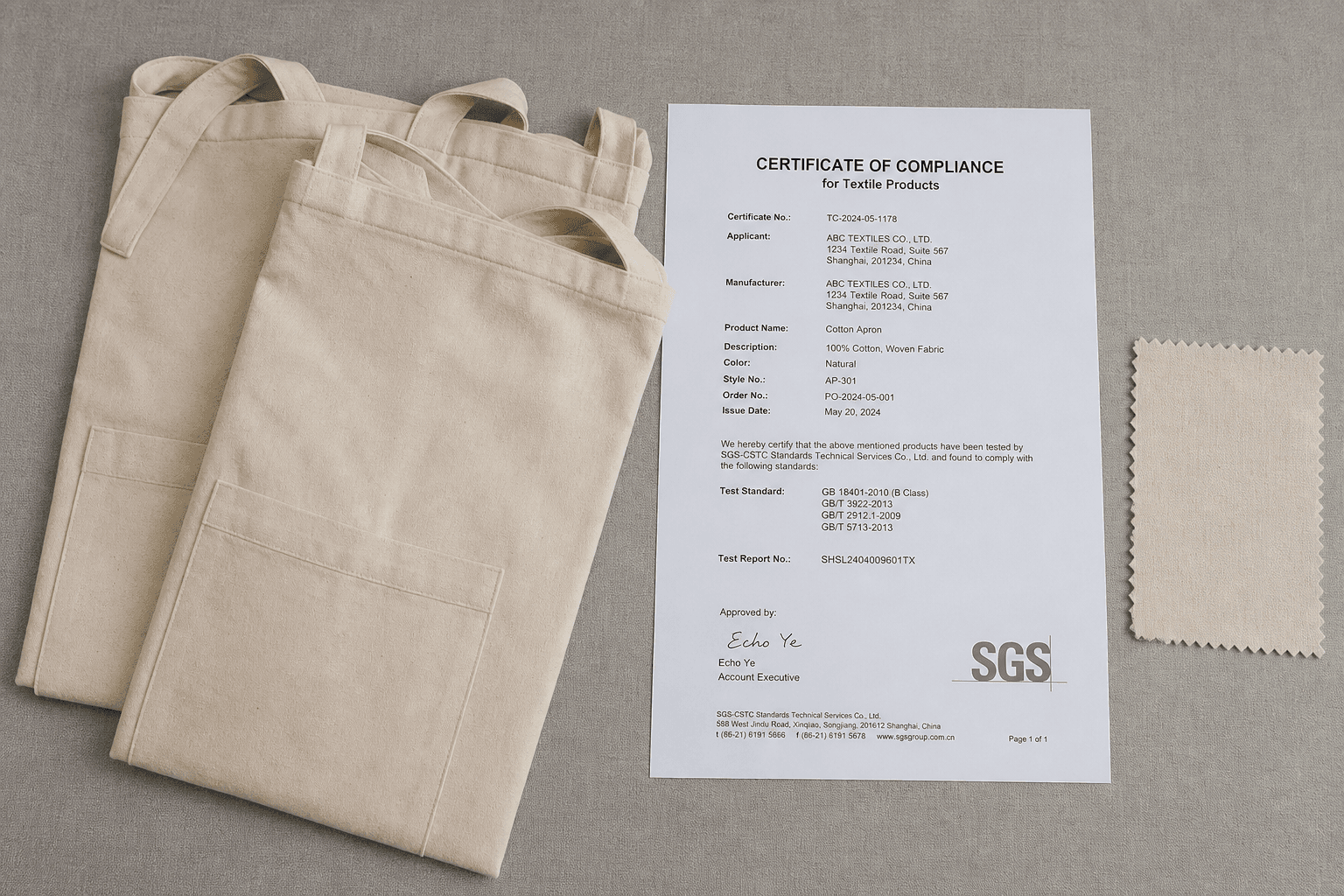 Folded certified cotton aprons with a textile certificate document