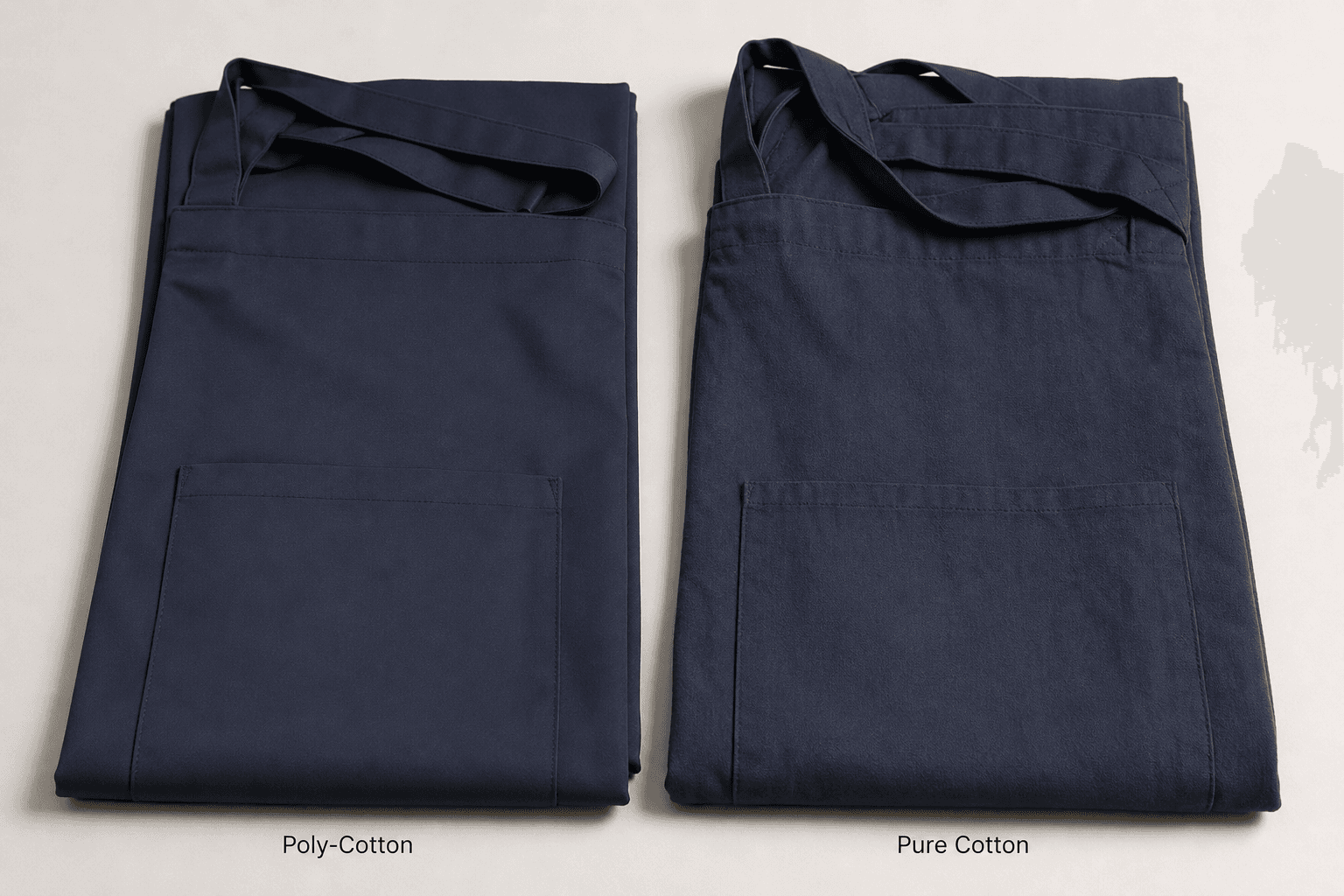 Two folded aprons side by side in poly-cotton and pure cotton